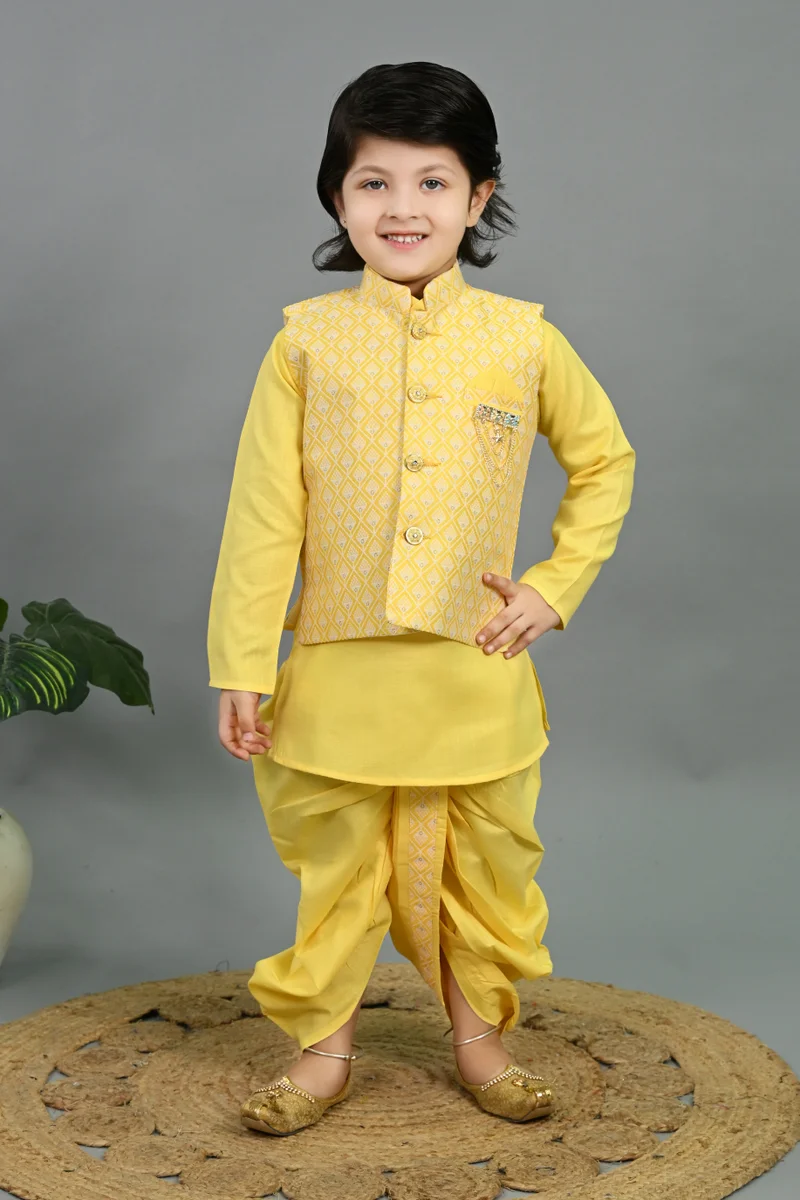 BT DEZINES Boys Yellow Cotton Silk Kurta Dhoti Set with Waistcoat